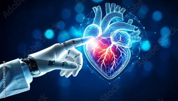 Obraz Generated image. Finger of doctor connecting and touching human heart, organ virtual interface. Innovative technology in science medical health care