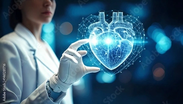 Obraz Generated image. Finger of doctor connecting and touching human heart, organ virtual interface. Innovative technology in science medical health care