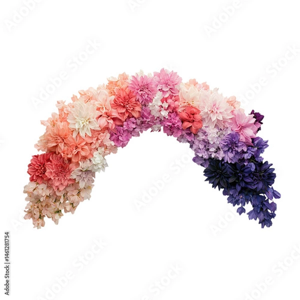 Fototapeta Png of A vibrant gradient of artificial flowers in shades of pink, purple, and white arranged in a beautiful arc.