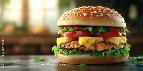 Fototapeta Juicy grilled chicken burger with fresh toppings and pineapple served on a rustic wooden table