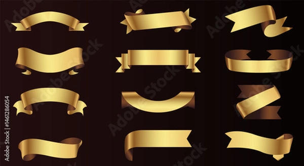 Fototapeta Set of gold ribbon banners template design. Luxury ribbons isolated on black background. vector