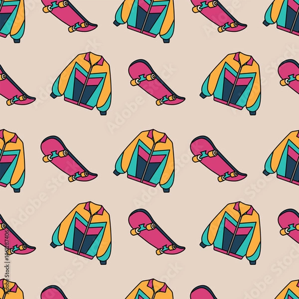 Fototapeta Colorful 90s Jacket and Skateboard Seamless Pattern. Bold, colorful design ideal for nostalgic fashion and lifestyle themes