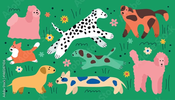Fototapeta Colorful vector illustration of various playful dog breeds in a lively and vibrant setting. stylized dogs in dynamic poses surrounded by flowers. Dog set