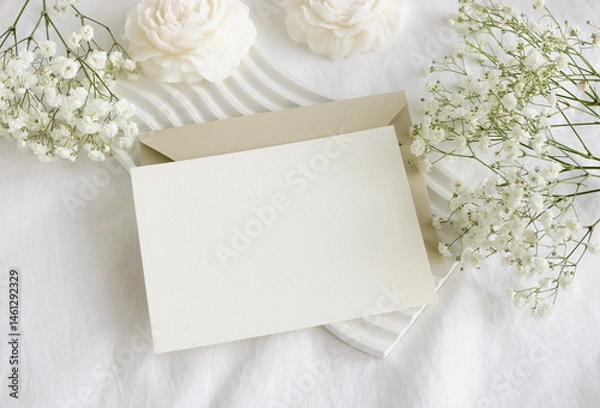 Fototapeta Blank paper card mockup, envelope, white flowers and white table decor candles flowers on white linen textured background. Copy space.Wedding invitation mockup, greeting card, holiday concept.