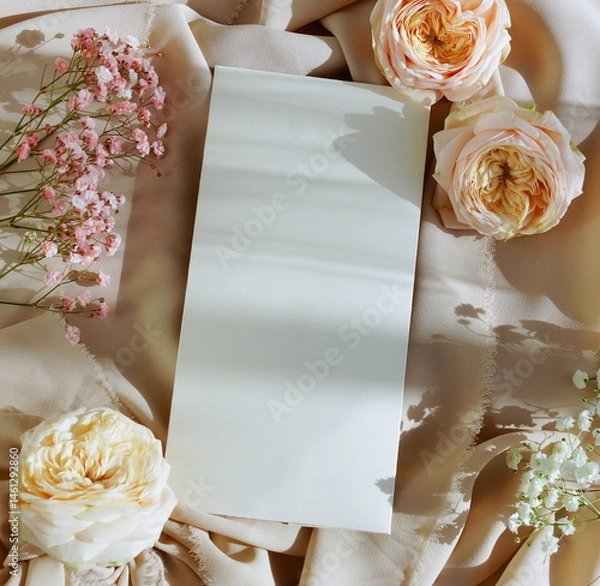 Fototapeta Wedding invitation envelope, greeting card mockup with roses flowers frame on beige silk background top view.Copy space. Wedding , birthday, holiday backdrop.