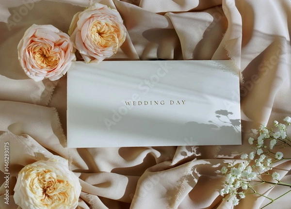Fototapeta Wedding invitation envelope, greeting card mockup with roses flowers frame on beige silk background top view.Copy space. Wedding , birthday, holiday backdrop.