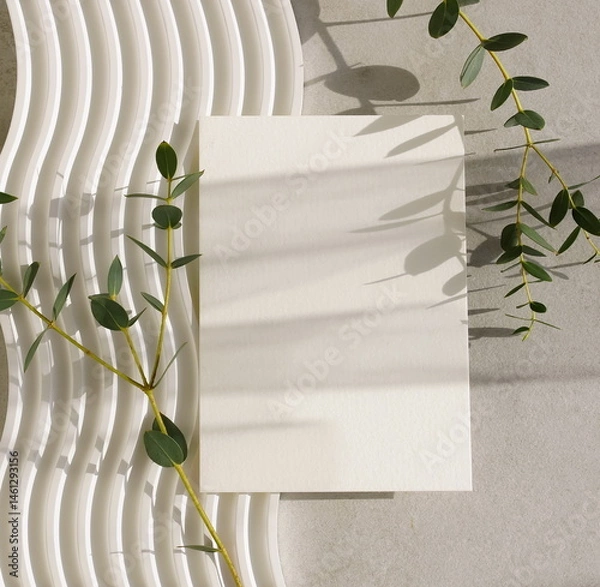 Fototapeta Card blank mockup, eucalyptus leaves frame, sunlight shadow top view on beige textured background . Copy space.Wedding invitation mockup, greeting card, holiday concept.