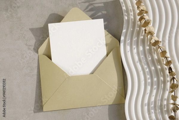 Fototapeta Beige envelope with blank paper card mockup  inside top view on beige textured background with sunlight shadow. Copy space.Wedding invitation mockup, greeting card, holiday concept.