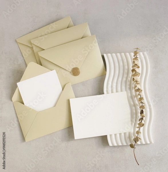 Fototapeta Beige envelope with blank paper card mockup  inside, card mockup and envelopes set top view on beige textured background . Copy space.Wedding invitation mockup, greeting card, holiday concept.