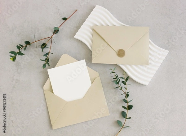 Fototapeta Beige envelope with blank paper card mockup  inside top view decor and eucalyptus leaves on beige textured background. Copy space.Wedding invitation mockup, greeting card, holiday concept.
