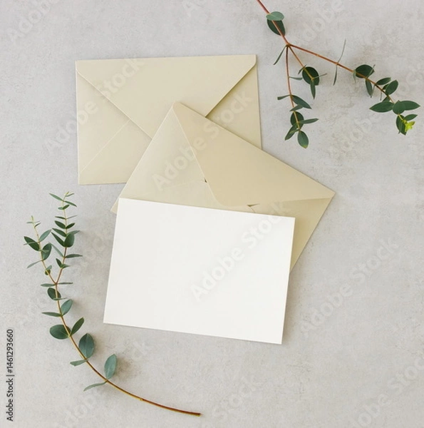 Fototapeta Card blank mockup, beige envelopes, eucalyptus leaves  top view on beige textured background . Copy space.Wedding invitation mockup, greeting card, holiday concept.