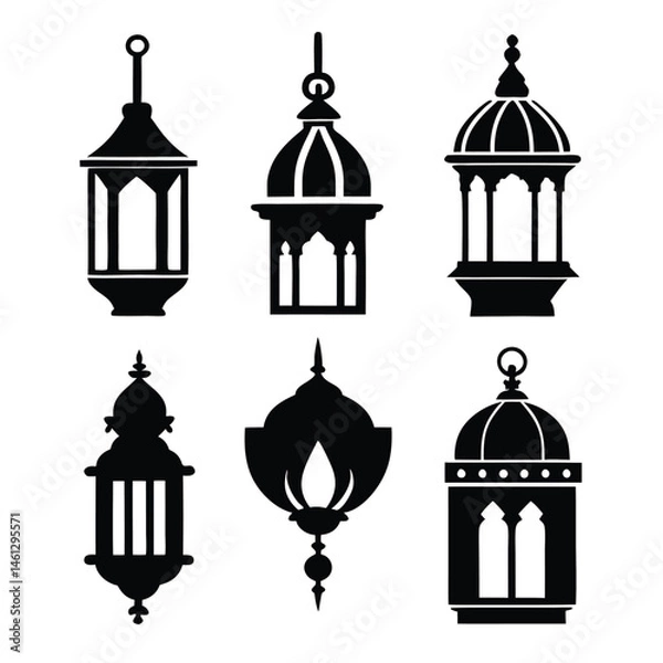 Fototapeta a vector silhouette illustration of six different traditional lanterns, in a black and white style
