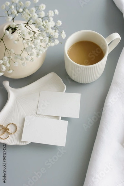 Fototapeta Blank paper sheet cards on home office desk workspace with coffee cup, vase, home decor on grey background. Wedding invitation cards. Flat lay, top view mockup with empty copy space.Life style concept