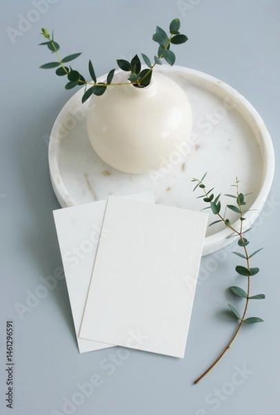 Fototapeta Greetings card blank mockup and eucalyptus leaves in a vase on light blue background with copy space.Top view. Empty blank, card mock up, template, birthday, holiday. 