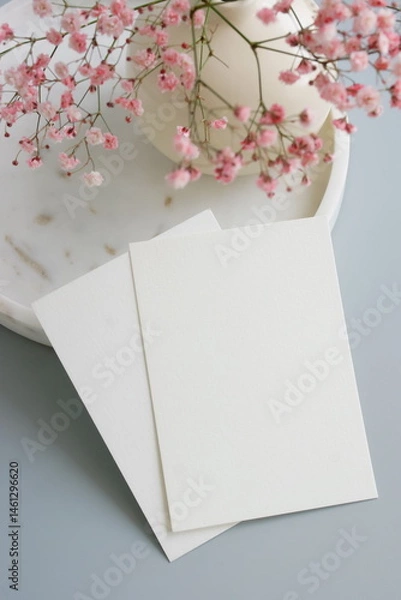 Fototapeta Greetings card blank mockup and pink flowers in a vase on light blue background with copy space.Top view. Empty blank, card mock up, template, Mother's day backdrop, birthday, holiday.