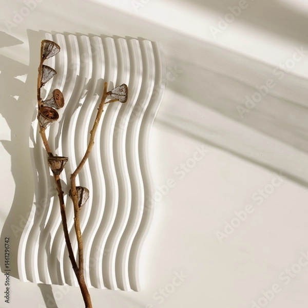 Fototapeta Abstract background template. Dry eucalyptus branch ,white decor and sunlight shadow on white backdrop with copy space. Top view. Aesthetic.