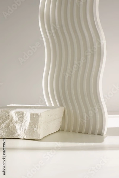 Fototapeta White stone pedestal, product presentation podium, template, white background, sunlight shadow. Abstract minimalist concept, empty podium display product, showcase for cosmetic products . Copy space