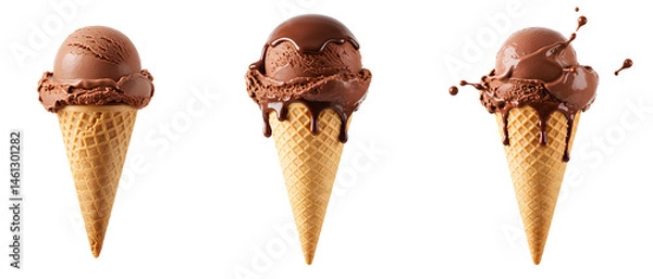 Fototapeta Chocolate ice cream cone set PNG. creamy chocolate ice cream with scoop of gelato PNG Summer ice cream dessert full of chocolate cream isolated