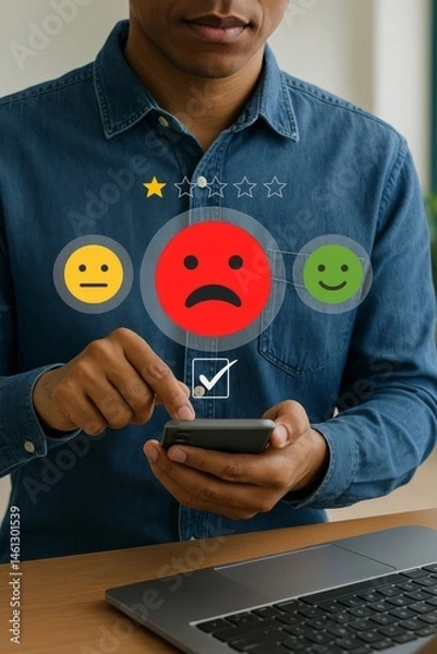 Obraz Man Using Smartphone Mobile App Customer Feedback Survey Review Rating Negative Sad Emoji Face Expression Online Digital Technology Business Concept Modern Workplace User Hands Screen Opinion Response
