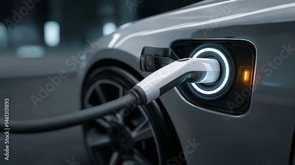 Obraz Close-up of an electric vehicle charging, showcasing modern technology and sustainability in transportation.