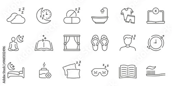 Obraz Sleep And Relaxation Line Icon Set. Nighttime Routine, Restful Sleep, And Relaxation Symbols Collection. Bedtime Essentials And Sleep Hygiene. Editable Stroke. Isolated Vector Illustration