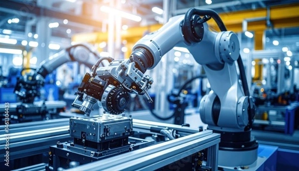 Fototapeta Industrial Robot Arm Working on a Part in Factory