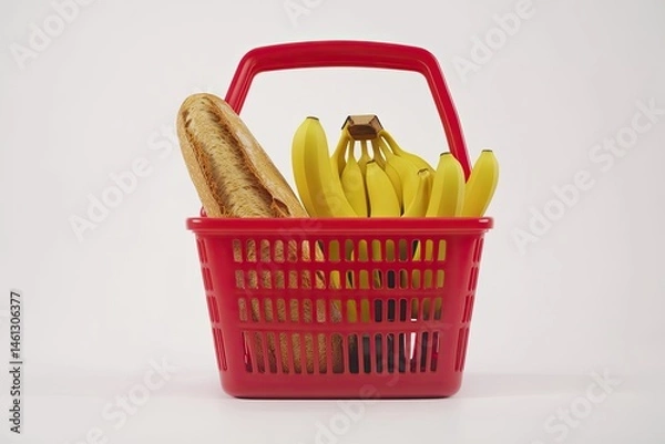 Fototapeta Red shopping basket with bananas and bread