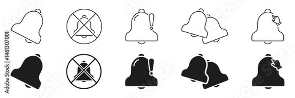 Fototapeta Notification Bell Icon Set. Alert, Mute, And Interaction Symbols Collection. Includes Exclamation, No Sound, And Click Elements. Isolated Vector Illustration