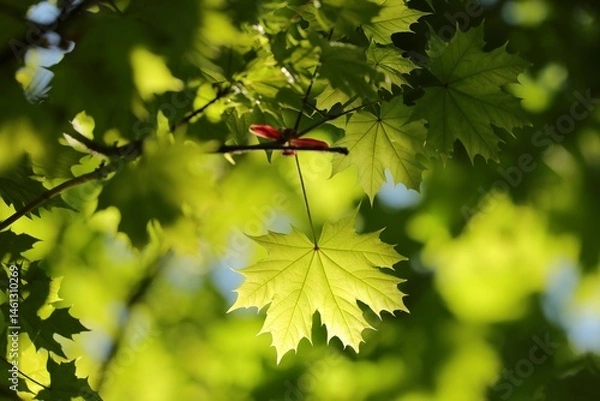 Fototapeta Close-up of spring maple leaves on tree branch