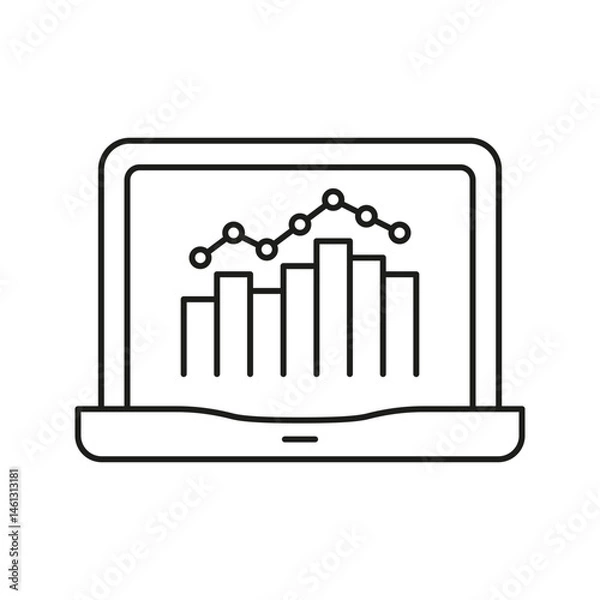 Obraz Laptop With Graphs Line Icon. Data Analysis, Business Analytics, And Performance Tracking Outline Symbol. Financial Insights And Market Trends. Editable Stroke. Isolated Vector Illustration