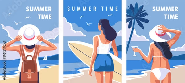 Obraz Summer time. Concept of summer party, vacation and travel. Perfect backgrounds on the theme of season vacation, weekend, beach. Vector illustrations in minimalistic style for posters, cover art, flyer