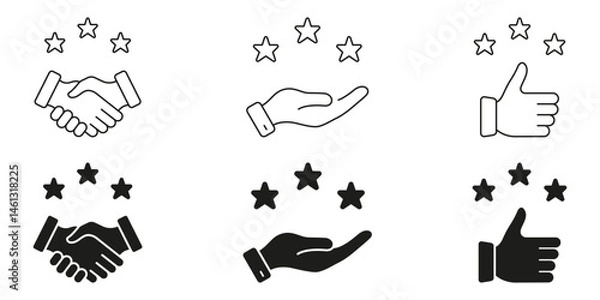 Fototapeta Customer Satisfaction, Quality Assurance, And Positive Feedback Line And Solid Icon Set. Handshake, Hand, Thumbs Up With Stars Symbol Collection. Service Excellence. Isolated Vector Illustration