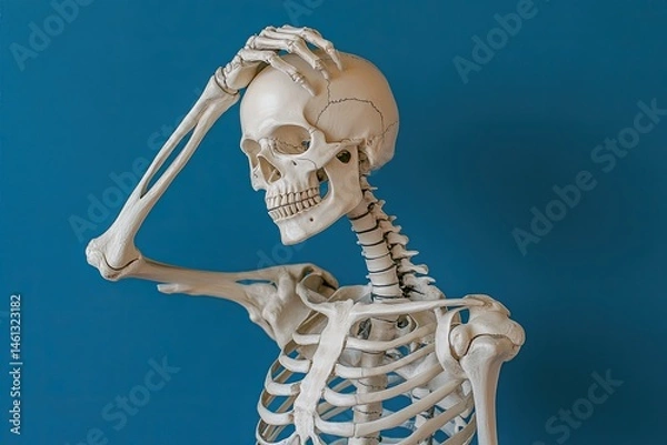 Fototapeta A skeletal figure with head in hand, displaying distress