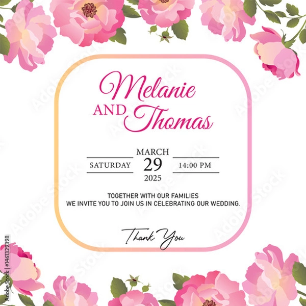 Fototapeta Pink peony rose flower frame for invitation card. Wedding card template with blooming roses isolated on white background and custom text. Pink flowers on white background