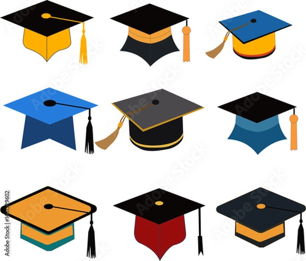 Fototapeta Graduation Black Cap Set Isolated on White Background – Academic Hats Collection