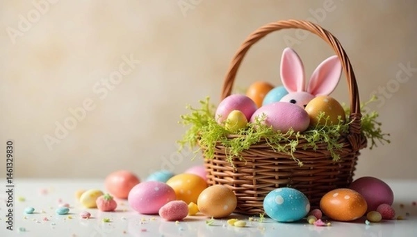 Fototapeta Assortment of Easter candy in a decorative basket , jellybeans, colorful background