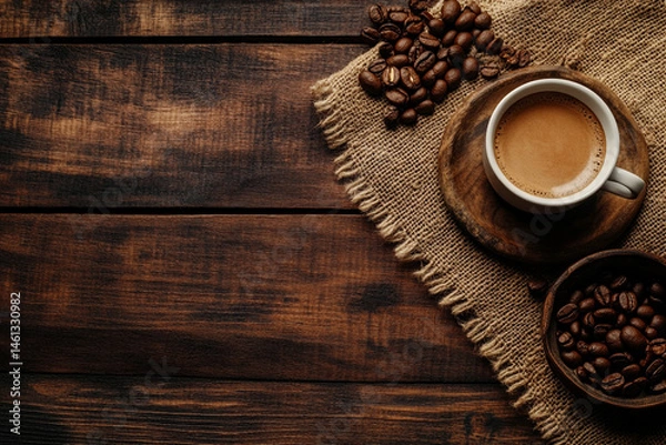 Obraz Aromatic Coffee Cup Beans Wooden Background