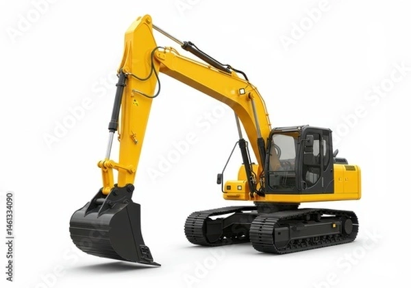 Fototapeta Isolated yellow excavator with black tracks and bucket on a clean white background in a studio shot