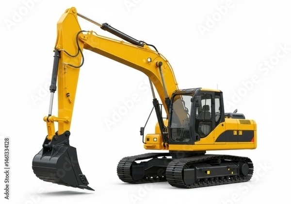 Fototapeta Yellow excavator with black treads and bucket isolated on a white background in a studio setting