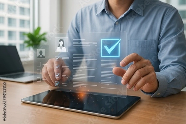 Fototapeta Digital Tablet Human Resources Applicant Review Process Online Selection Employment Hiring Candidate Assessment Modern Technology Business Professional Checkmarks Verification Efficient Workflow      