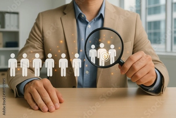 Fototapeta Businessman Selecting Ideal Candidate Target Audience Recruitment Hiring Process Magnifying Glass Human Resources Management Team Employee Search Professional Job Search Strategic Planning Successful 