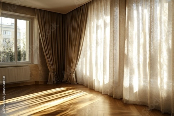 Fototapeta Sunlit room with large windows and curtains