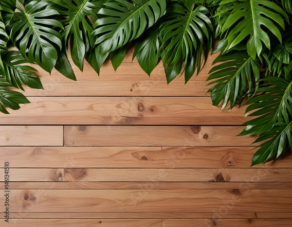 Fototapeta Clean Wooden Table Background with Tropical Green Leaves – Top View for Food and Product Display