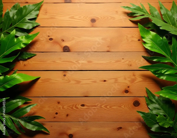 Fototapeta Clean Wooden Table Background with Tropical Green Leaves – Top View for Food and Product Display