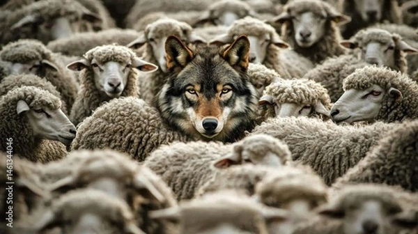 Obraz A deceptive wolf disguises itself within a flock of sheep.