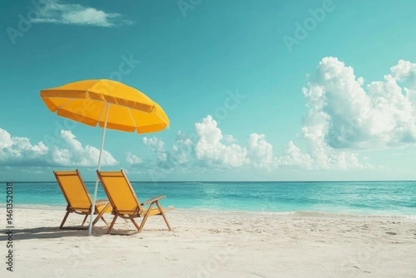 Obraz Empty beach chairs under a yellow umbrella