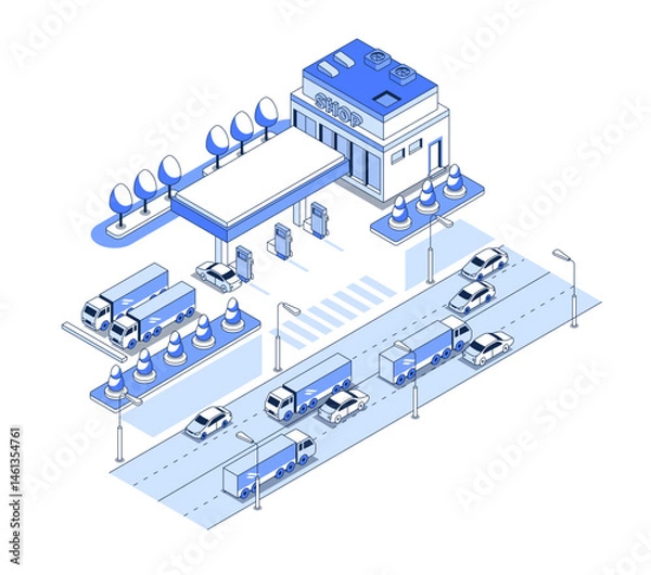 Fototapeta Gas station on the highway - vector isometric illustration