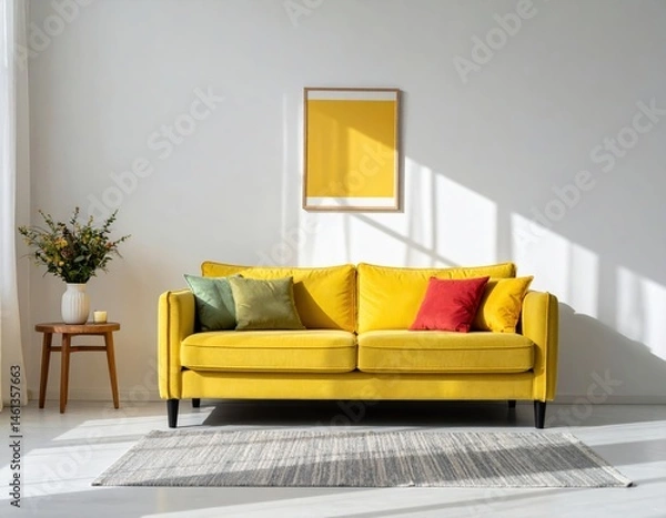 Fototapeta Minimalist home interior design of modern Living Roomoom with a yellow sofa adorned with colorf