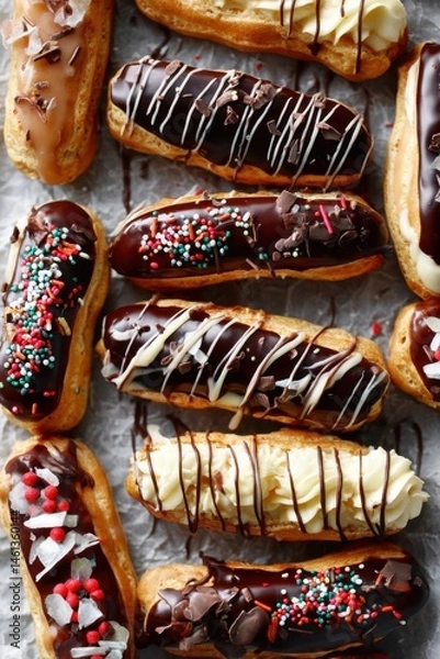 Fototapeta Decorative Chocolate Eclairs with Colorful Toppings - National Chocolate Eclair Day