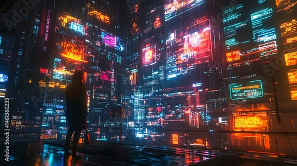 Fototapeta Futuristic cityscape illuminated by vibrant digital displays.